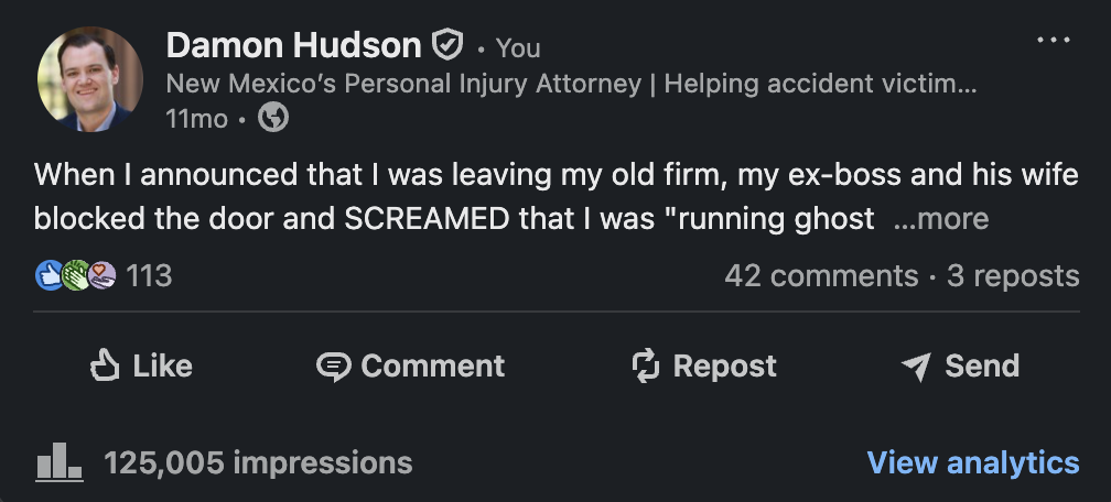 Damon Hudson LinkedIn post — 125,005 impressions