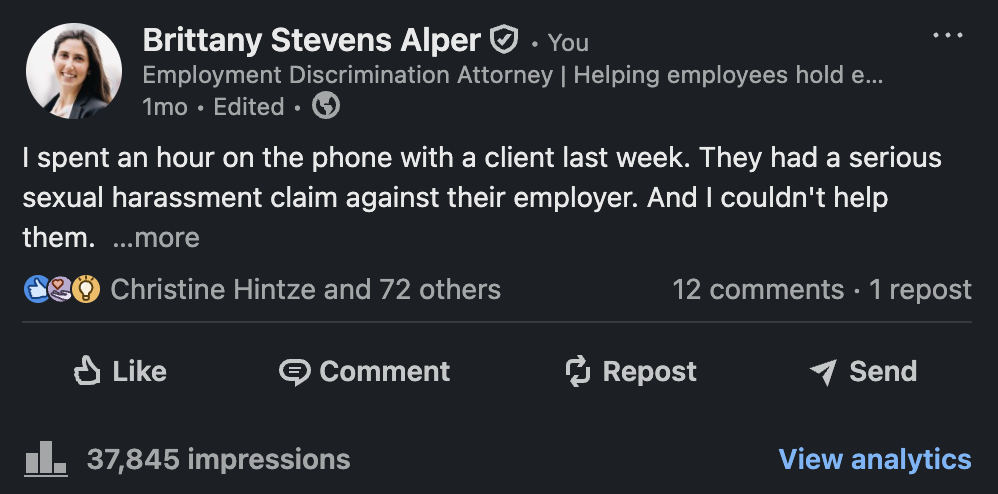 Brittany Stevens Alper LinkedIn post — 37,845 impressions
