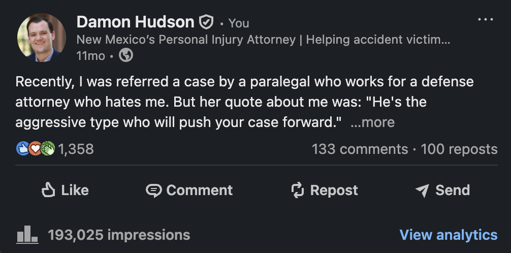 Damon Hudson LinkedIn post — 193,025 impressions