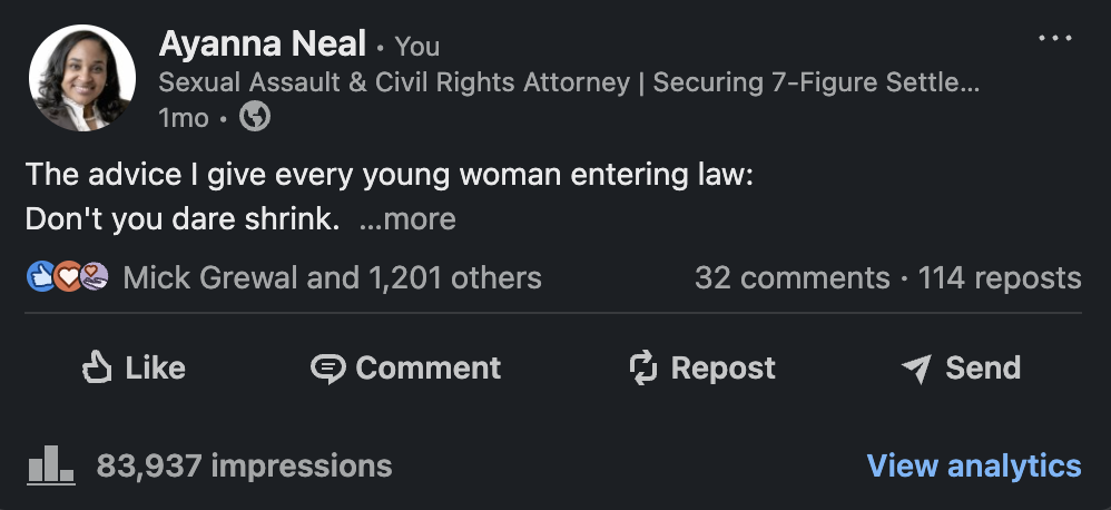 Ayanna Neal LinkedIn post — 83,937 impressions