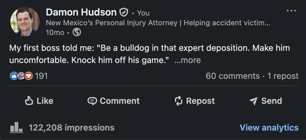 Damon Hudson LinkedIn post — 122,208 impressions