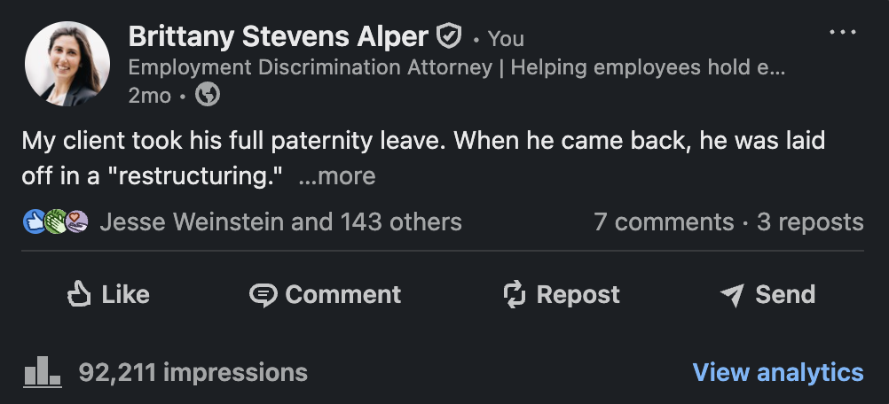 Brittany Stevens Alper LinkedIn post — 92,211 impressions